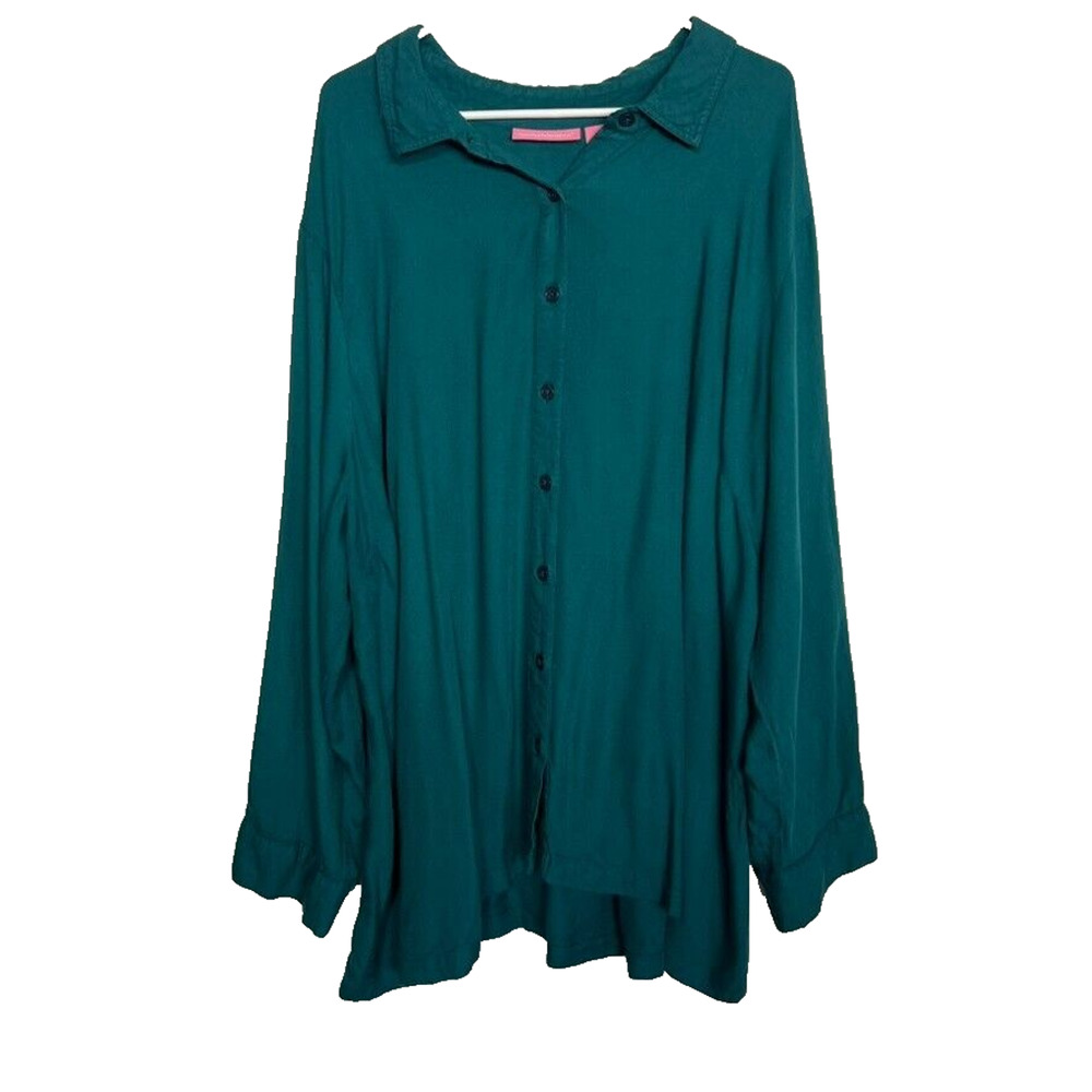 Woman Within Top Plus 3X Turquoise Green Flannel Long Sleeve Button Up